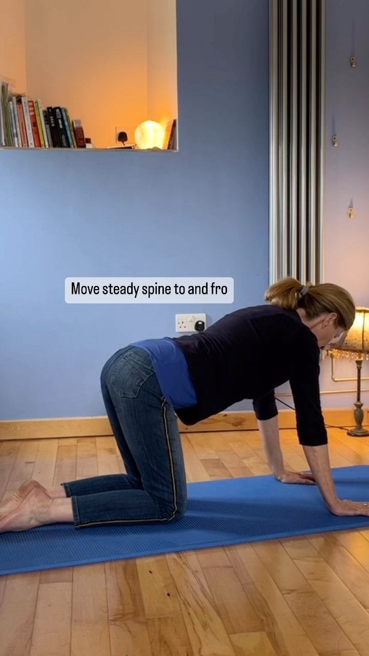 Stiff and achy after a day in garden or whatever? This may help. 

Get down to hands and knees; find long neutral spine and move it forward and backwards (mobilising hip and shoulder joints). 

Pause, look forward with sternum, squeeze shoulders together at back, lift sit bones (extension); then into round shape, curling under (flexion). Next, try a side body stretch each way. Ah, that's better!

Keep it simple and do often!